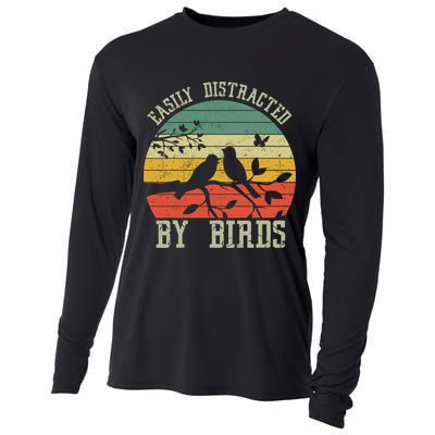 Vintage Easily Distracted By Birds Funny For Bird Watcher Cooling Performance Long Sleeve Crew