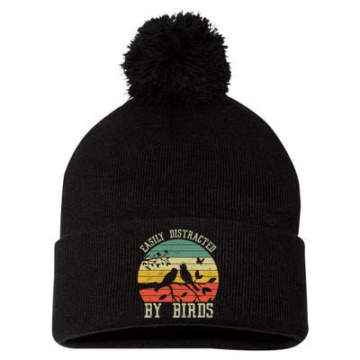 Vintage Easily Distracted By Birds Funny For Bird Watcher Pom Pom 12in Knit Beanie