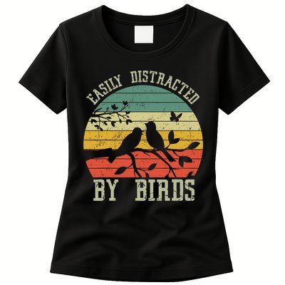 Vintage Easily Distracted By Birds Funny For Bird Watcher Womens T-Shirt