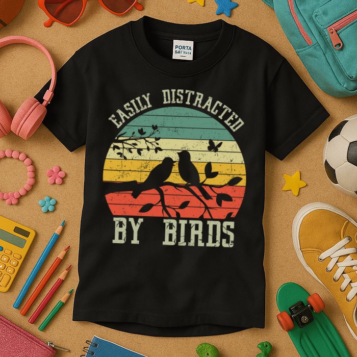 Vintage Easily Distracted By Birds Funny For Bird Watcher Kids T-Shirt