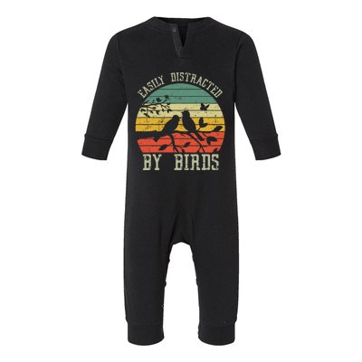 Vintage Easily Distracted By Birds Funny For Bird Watcher Infant Fleece One Piece