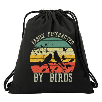 Vintage Easily Distracted By Birds Funny For Bird Watcher Drawstring Bag