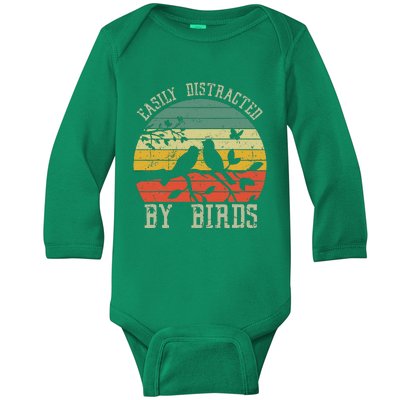 Vintage Easily Distracted By Birds Funny For Bird Watcher Baby Long Sleeve Bodysuit