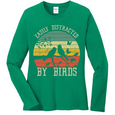 Vintage Easily Distracted By Birds Funny For Bird Watcher Ladies Long Sleeve Shirt