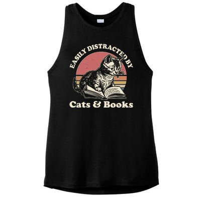 Vintage Easily Distracted By Cats And Books Ladies PosiCharge Tri-Blend Wicking Tank