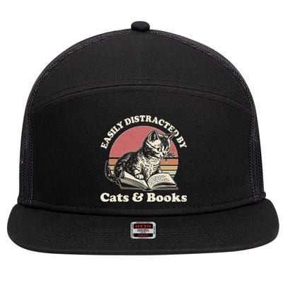 Vintage Easily Distracted By Cats And Books 7 Panel Mesh Trucker Snapback Hat