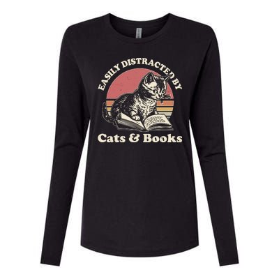 Vintage Easily Distracted By Cats And Books Womens Cotton Relaxed Long Sleeve T-Shirt