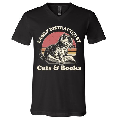 Vintage Easily Distracted By Cats And Books V-Neck T-Shirt
