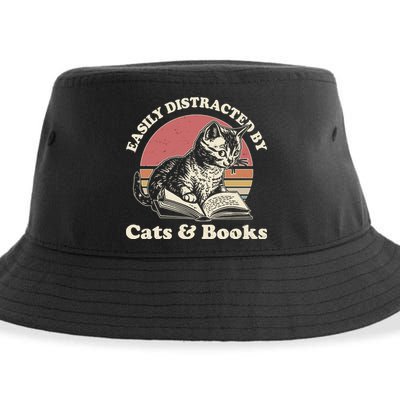 Vintage Easily Distracted By Cats And Books Sustainable Bucket Hat