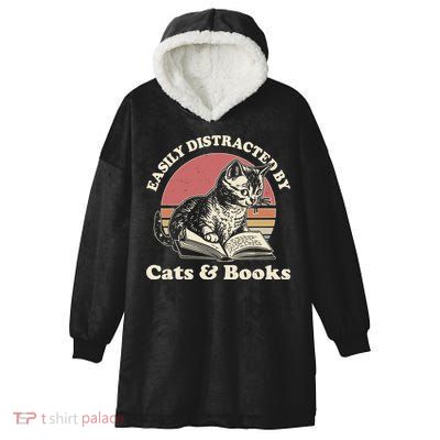 Vintage Easily Distracted By Cats And Books Hooded Wearable Blanket