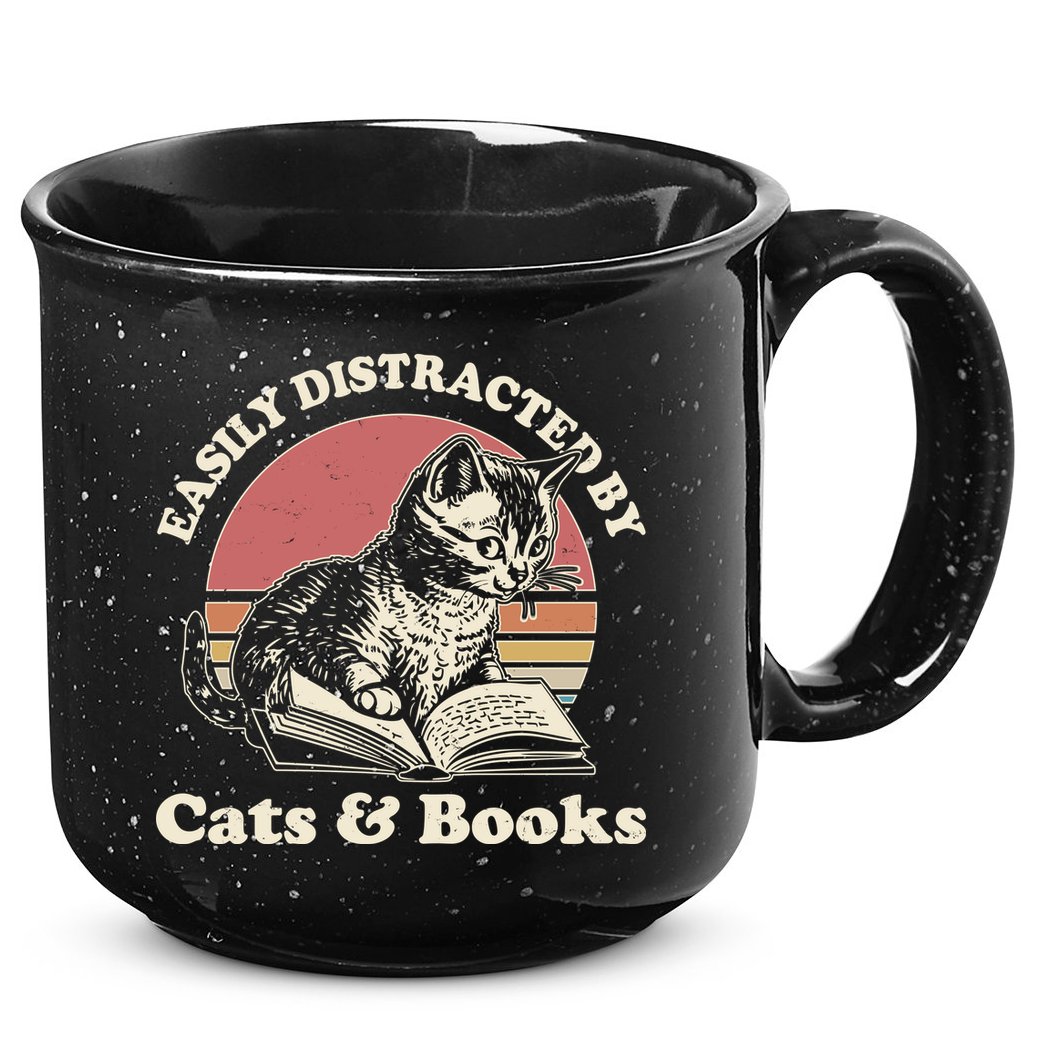 Vintage Easily Distracted By Cats And Books 15oz Campfire Ceramic Mug