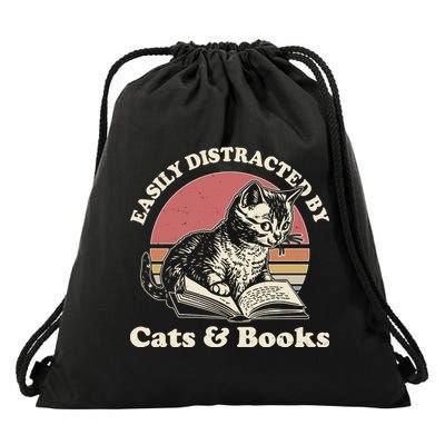 Vintage Easily Distracted By Cats And Books Drawstring Bag