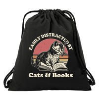 Vintage Easily Distracted By Cats And Books Drawstring Bag