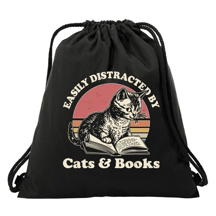 Vintage Easily Distracted By Cats And Books Drawstring Bag