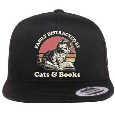 Vintage Easily Distracted By Cats And Books Flatbill Hat