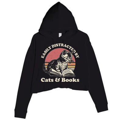 Vintage Easily Distracted By Cats And Books Crop Fleece Hoodie