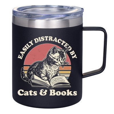 Vintage Easily Distracted By Cats And Books 12oz Stainless Steel Coffee Mug