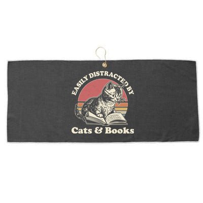 Vintage Easily Distracted By Cats And Books Large Microfiber Waffle Golf Towel