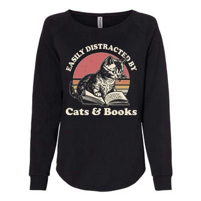 Vintage Easily Distracted By Cats And Books Womens California Wash Sweatshirt