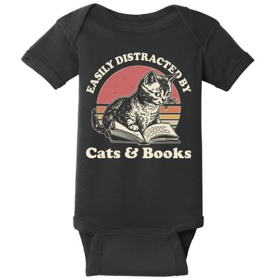Vintage Easily Distracted By Cats And Books Baby Bodysuit