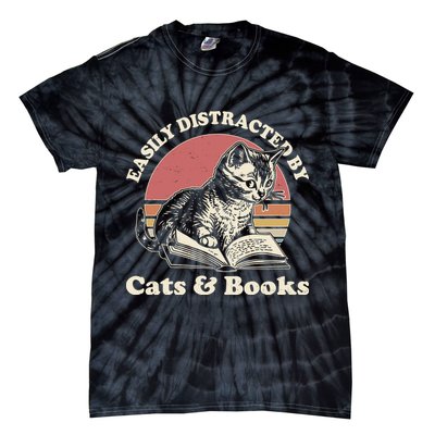 Vintage Easily Distracted By Cats And Books Tie-Dye T-Shirt