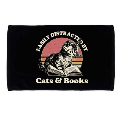 Vintage Easily Distracted By Cats And Books Microfiber Hand Towel