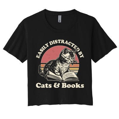Vintage Easily Distracted By Cats And Books Crop Top