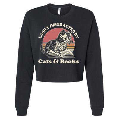 Vintage Easily Distracted By Cats And Books Cropped Pullover Crew