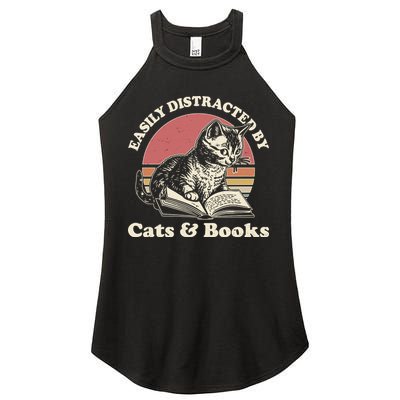 Vintage Easily Distracted By Cats And Books Women's Perfect Tri Rocker Tank