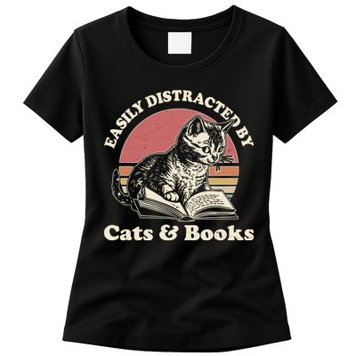Vintage Easily Distracted By Cats And Books Womens T-Shirt