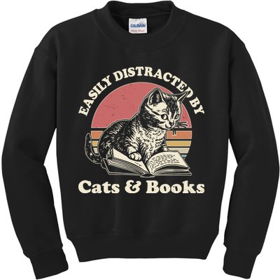Vintage Easily Distracted By Cats And Books Kids Sweatshirt