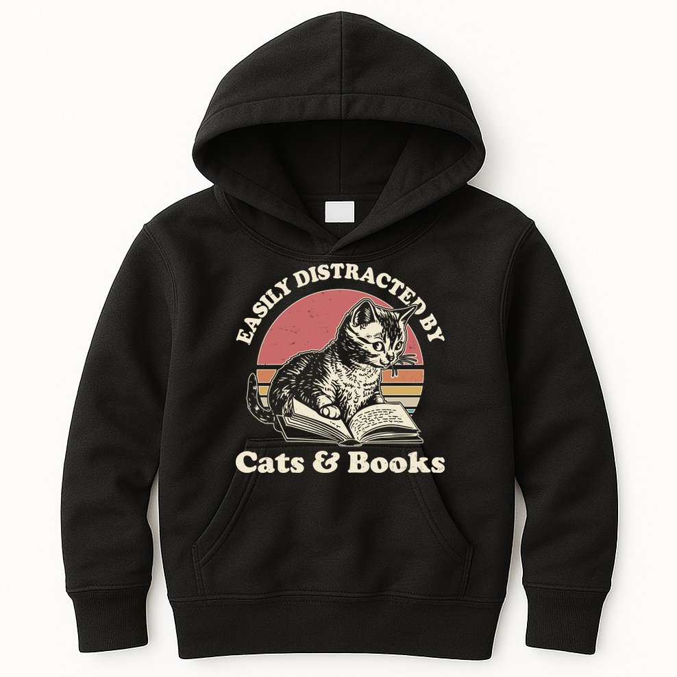 Vintage Easily Distracted By Cats And Books Kids Hoodie