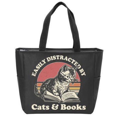 Vintage Easily Distracted By Cats And Books Zip Tote Bag