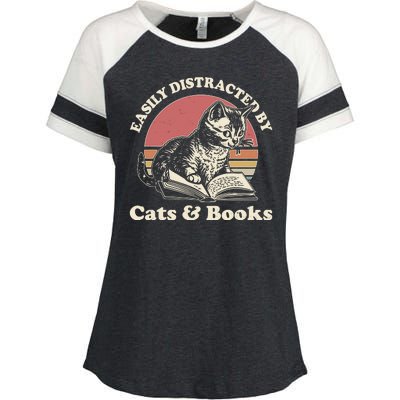 Vintage Easily Distracted By Cats And Books Enza Ladies Jersey Colorblock Tee