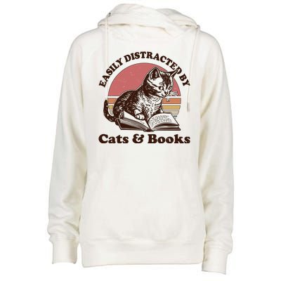 Vintage Easily Distracted By Cats And Books Womens Funnel Neck Pullover Hood