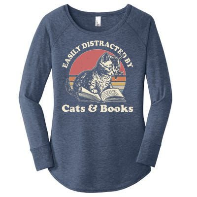 Vintage Easily Distracted By Cats And Books Women's Perfect Tri Tunic Long Sleeve Shirt