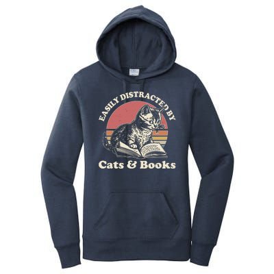 Vintage Easily Distracted By Cats And Books Women's Pullover Hoodie