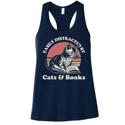 Vintage Easily Distracted By Cats And Books Women's Racerback Tank