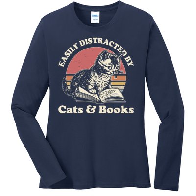 Vintage Easily Distracted By Cats And Books Ladies Long Sleeve Shirt