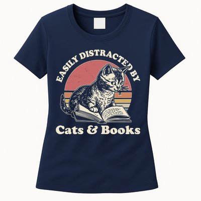 Vintage Easily Distracted By Cats And Books Women's T-Shirt