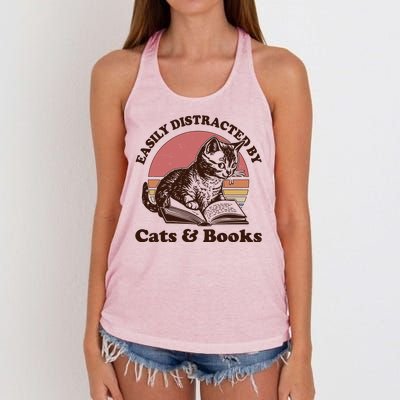 Vintage Easily Distracted By Cats And Books Women's Knotted Racerback Tank