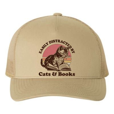 Vintage Easily Distracted By Cats And Books Yupoong Adult 5-Panel Trucker Hat