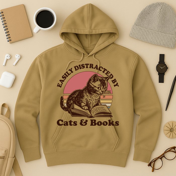 Vintage Easily Distracted By Cats And Books Hoodie