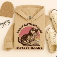 Vintage Easily Distracted By Cats And Books Hoodie