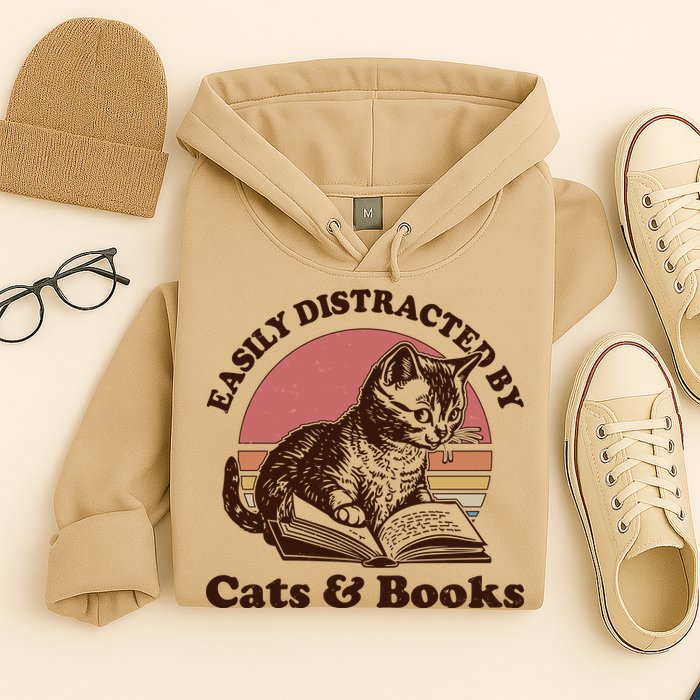 Vintage Easily Distracted By Cats And Books Hoodie