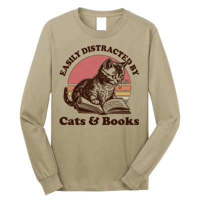 Vintage Easily Distracted By Cats And Books Long Sleeve Shirt