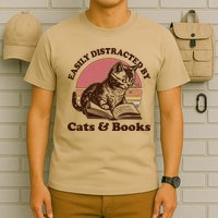 Vintage Easily Distracted By Cats And Books T-Shirt