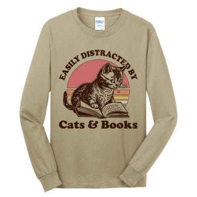 Vintage Easily Distracted By Cats And Books Tall Long Sleeve T-Shirt