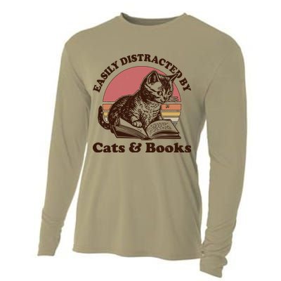 Vintage Easily Distracted By Cats And Books Cooling Performance Long Sleeve Crew