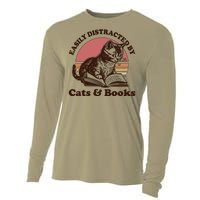 Vintage Easily Distracted By Cats And Books Cooling Performance Long Sleeve Crew